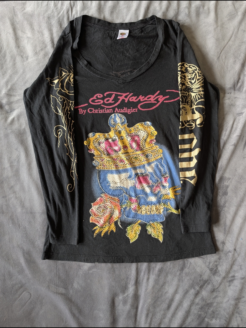 Ed Hardy Long Sleeve Skull Tee in Black with Gold & Pink Accents